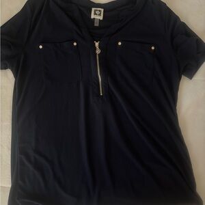 Anne Klein Navy Zip-Front Top with Gold Hardware